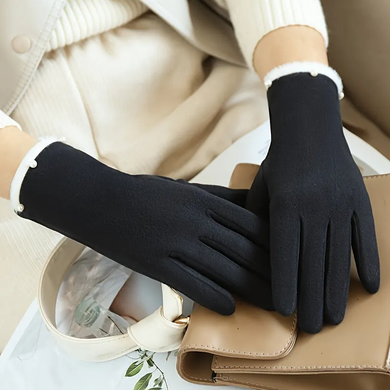 Warm Polyester Full Finger Touchscreen Gloves with Fleece Lining for Women - Casual Knitted Non-slip Thermal Gloves for Winter Driving, Cycling, Weekend Casual - 1 Pair