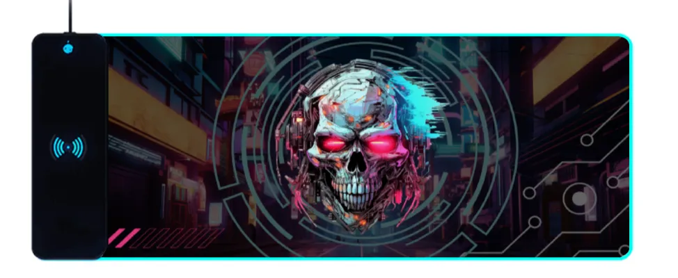 Wireless Charging Mouse Pad with RGB lighting | Waterproof | Oversized | Vibrant Prints | Cyber Skull