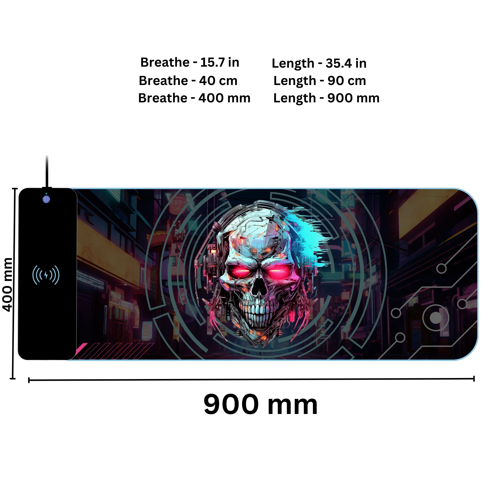 Wireless Charging Mouse Pad with RGB lighting | Waterproof | Oversized | Vibrant Prints | Cyber Skull