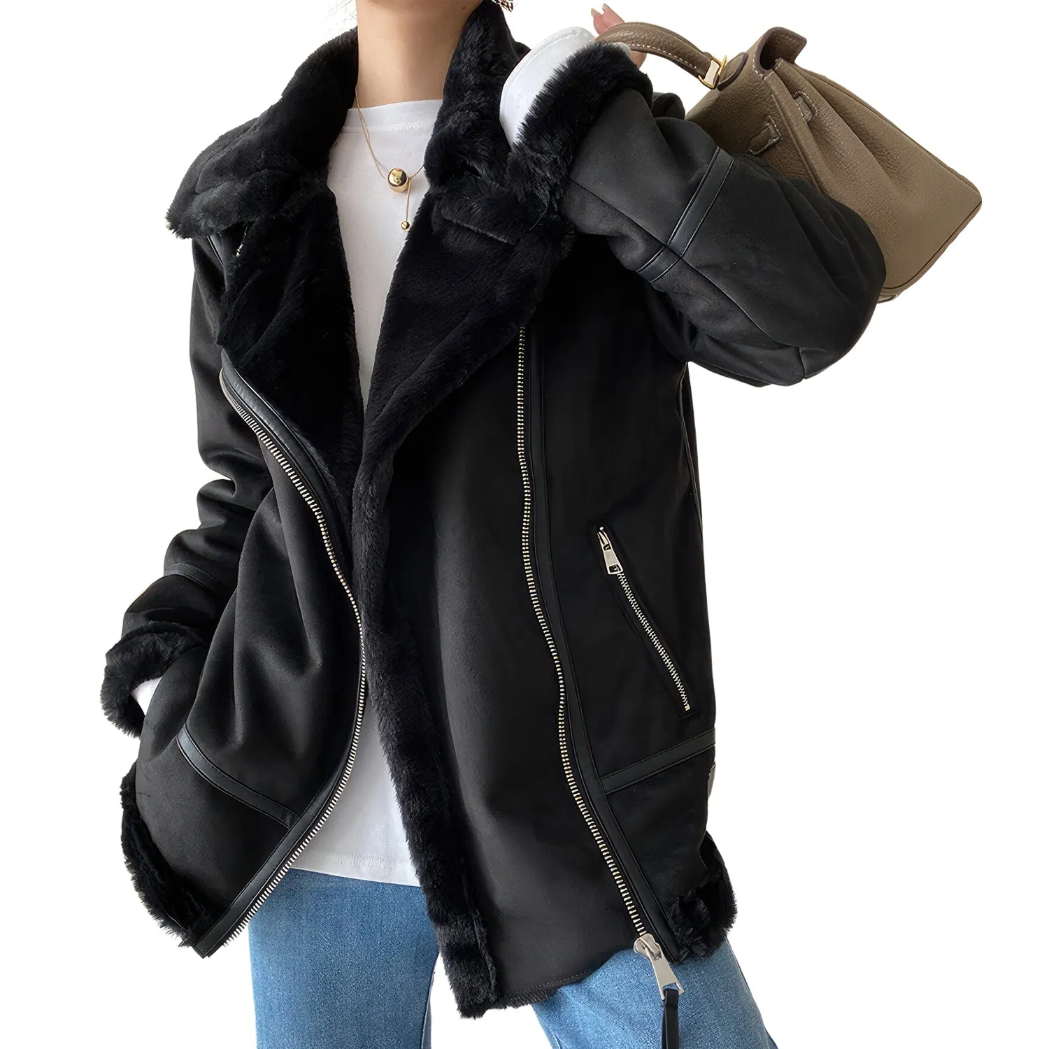 Women’s Black Genuine Suede Sherpa Shearling Faux Fur Lined High Street Moto Biker Winter Warn Thick Loose Leather Jacket