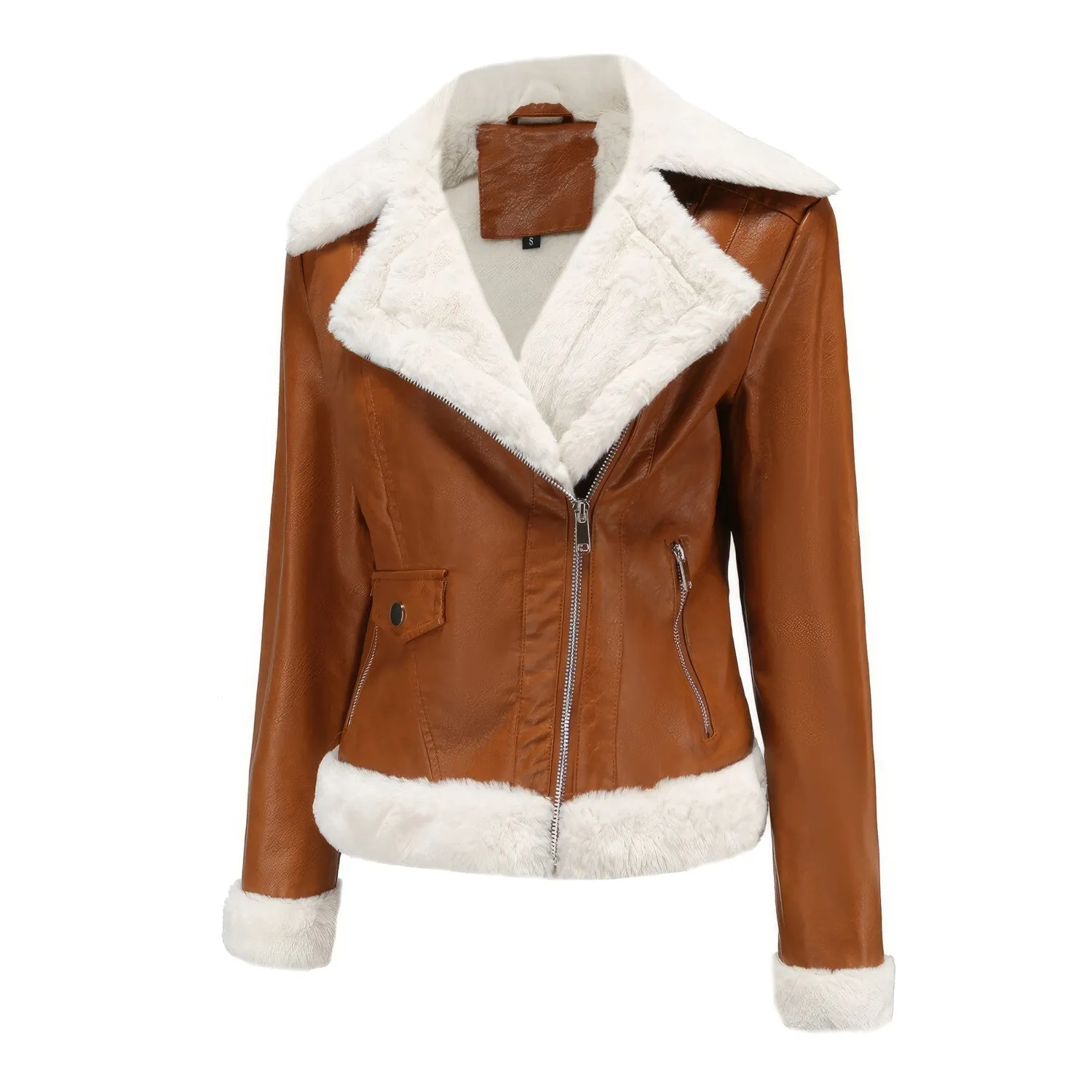 Women’s Brown Biker Genuine Sheepskin Sherpa Shearling Faux Fur Moto Café Racer Asymmetric Bomber Leather Jacket