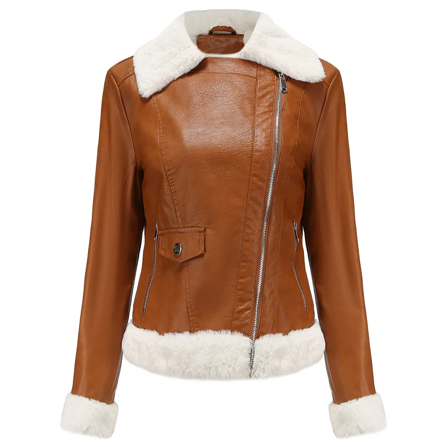 Women’s Brown Biker Genuine Sheepskin Sherpa Shearling Faux Fur Moto Café Racer Asymmetric Bomber Leather Jacket