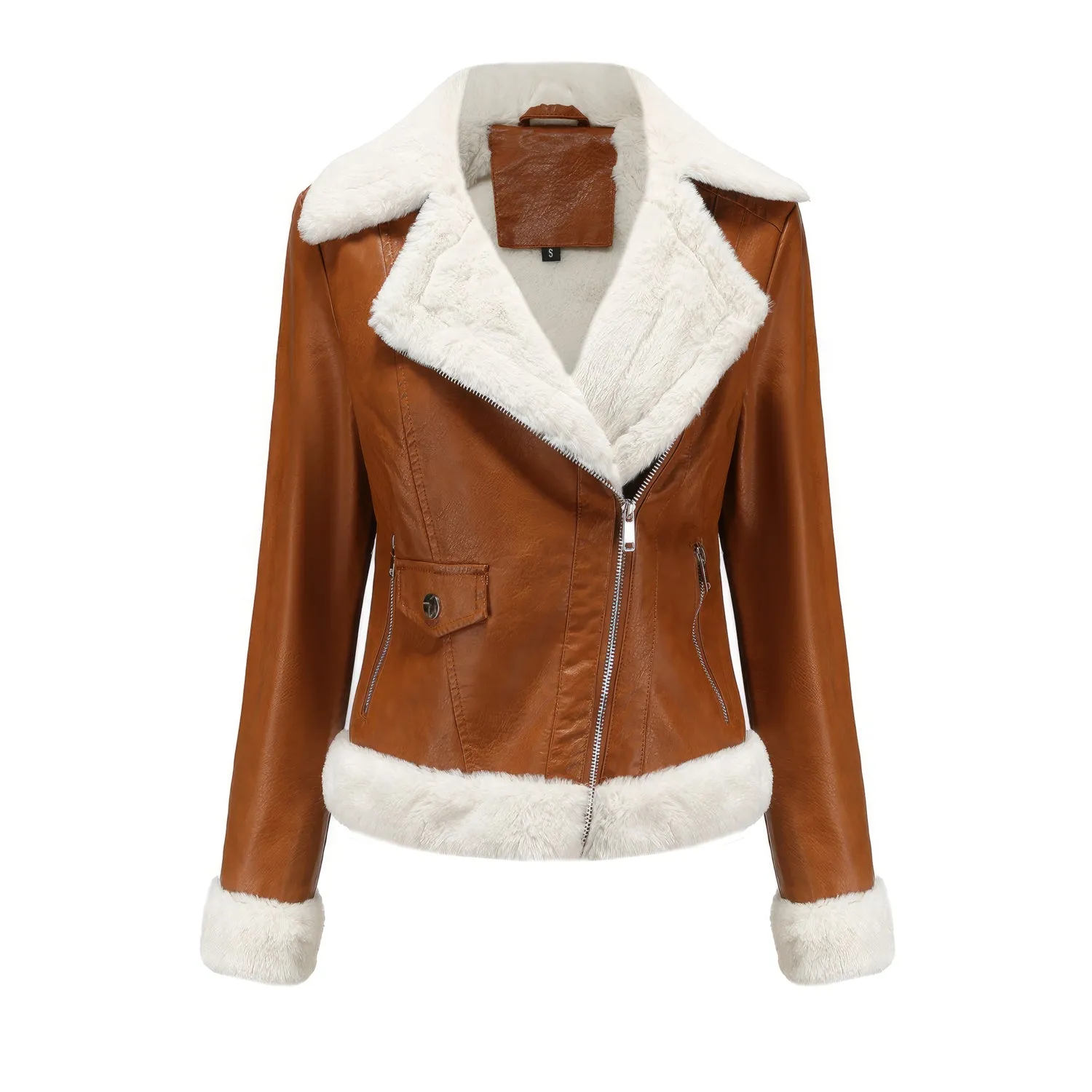 Women’s Brown Biker Genuine Sheepskin Sherpa Shearling Faux Fur Moto Café Racer Asymmetric Bomber Leather Jacket