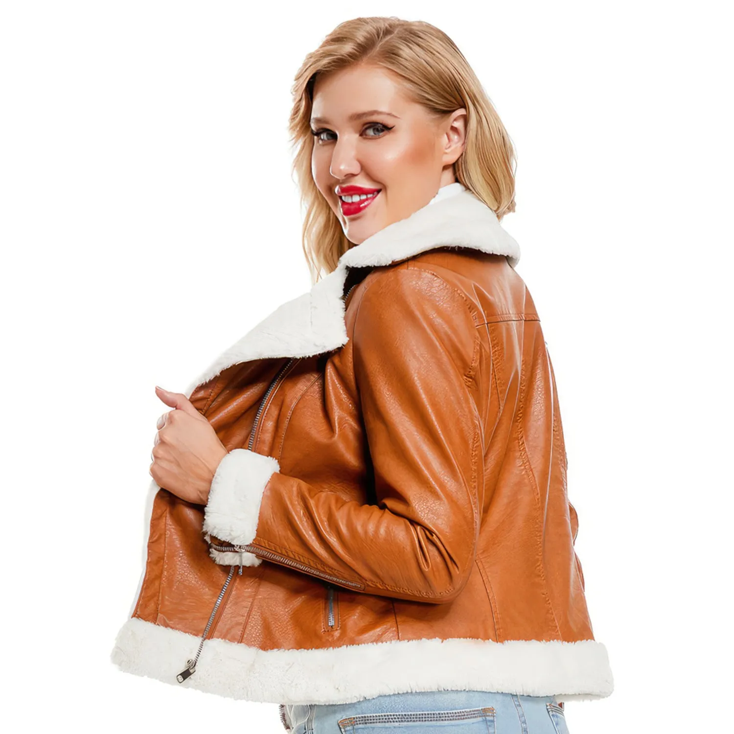 Women’s Brown Biker Genuine Sheepskin Sherpa Shearling Faux Fur Moto Café Racer Asymmetric Bomber Leather Jacket