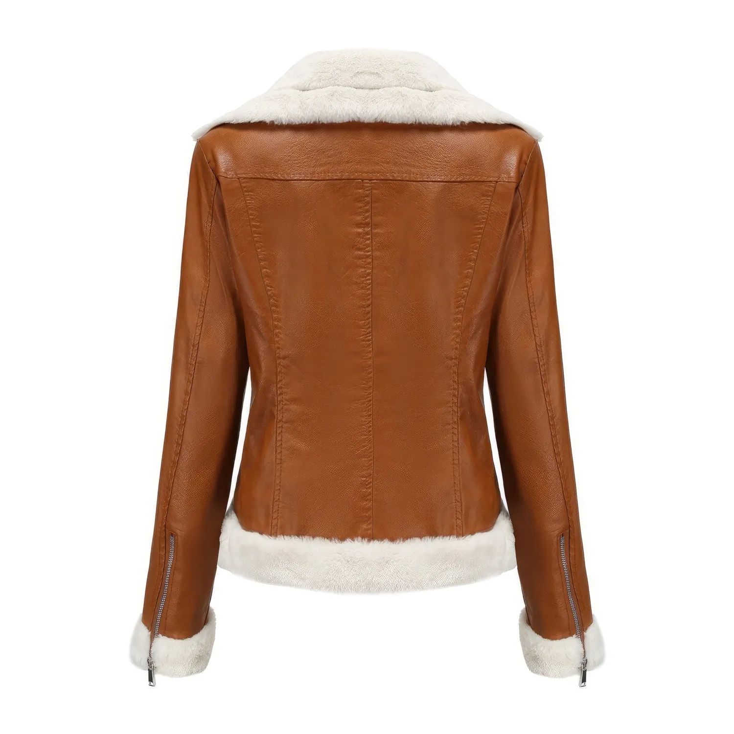 Women’s Brown Biker Genuine Sheepskin Sherpa Shearling Faux Fur Moto Café Racer Asymmetric Bomber Leather Jacket