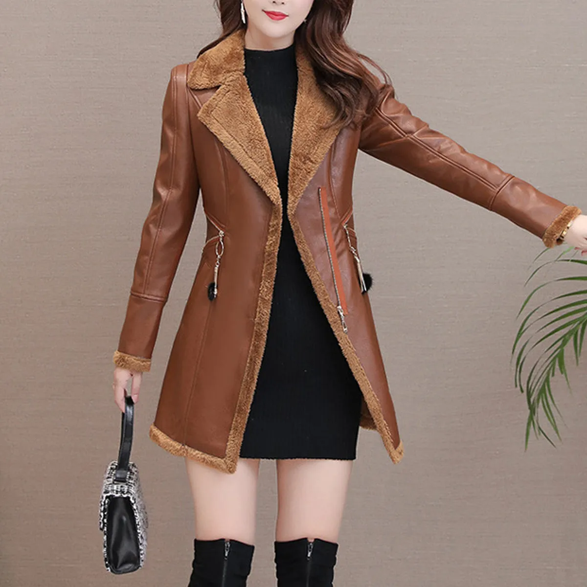 Women’s Brown Genuine Sheepskin Lapel Collar Sherpa Shearling Faux Fur Lined Thick Warm Casual Classic Single Breasted Trench Style Leather Coat Jacket