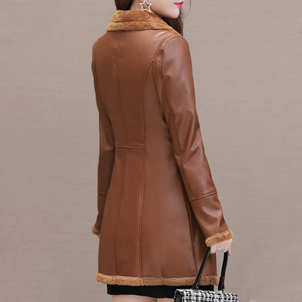 Women’s Brown Genuine Sheepskin Lapel Collar Sherpa Shearling Faux Fur Lined Thick Warm Casual Classic Single Breasted Trench Style Leather Coat Jacket