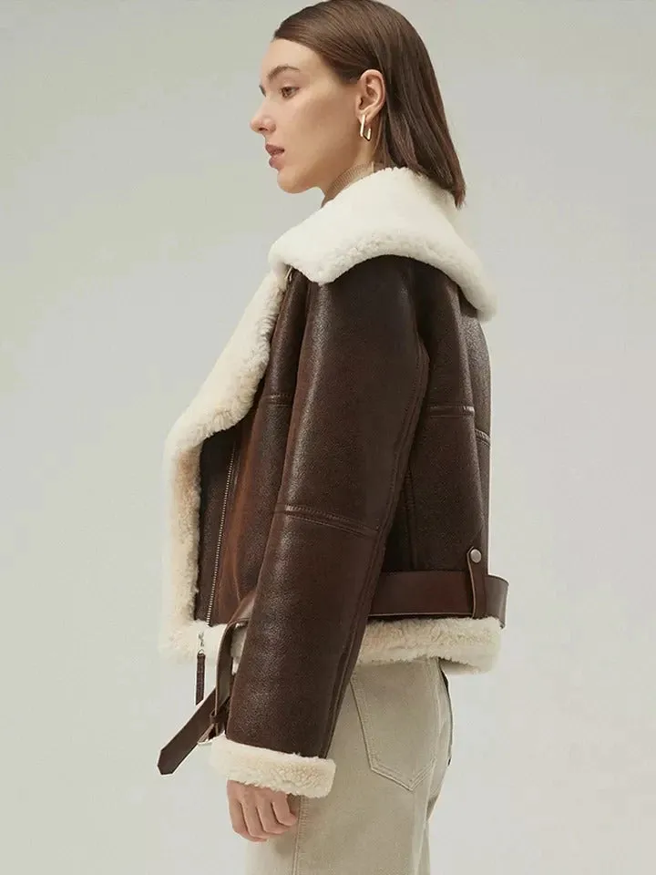 Women's Dark Brown Leather Shearling Coat Aviator Jacket